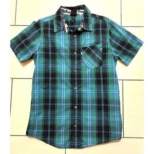 Shaun White Button Up Short Sleeve Shirt Boys Sz XL Plaid Blue and Black